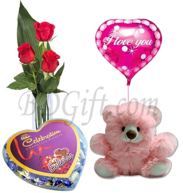 (71) 3 Pcs Yellow Roses in vase w/ Bear, Chocolate & Balloon