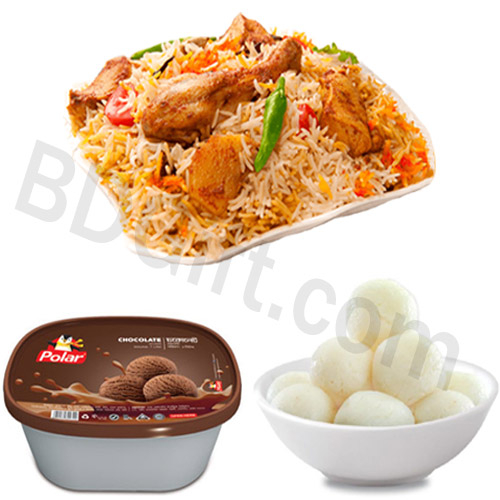 Chicken biryani with ice cream and sweet