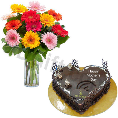 (000002) Mix gerberas in vase and heart shape cake