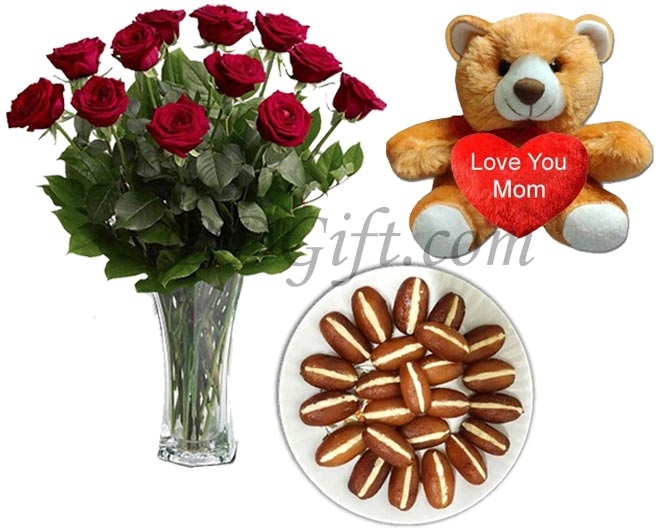 Teddy Bear W/ Red Rose & Sweets