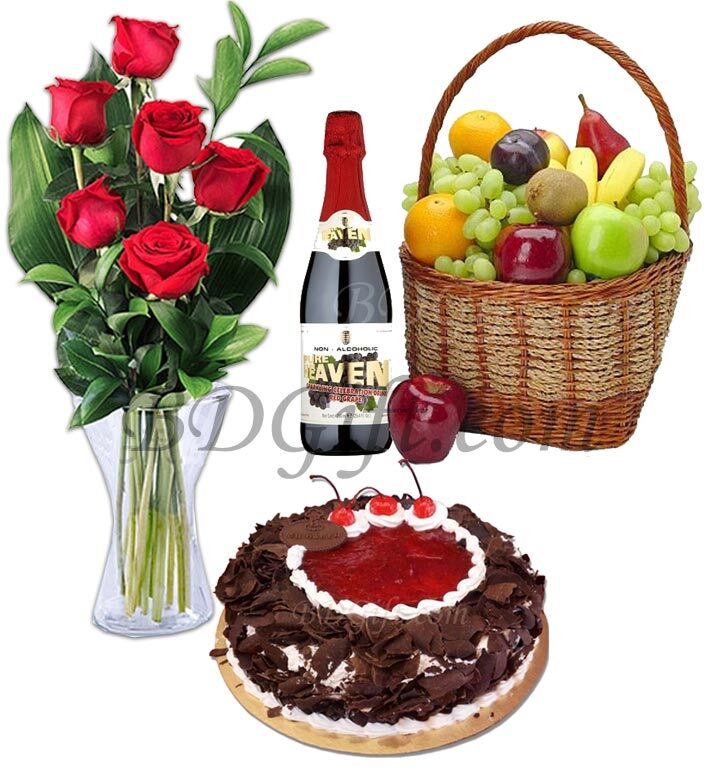 Cake W/ Fruit basket & Red Rose