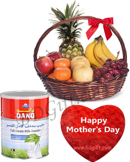 Fruit basket with dano milk powder & heart shape pillow