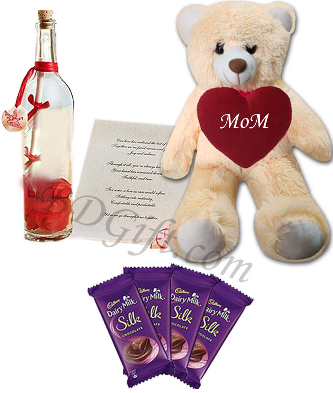 Teddy bear With dairy milk chocolates & bottle message