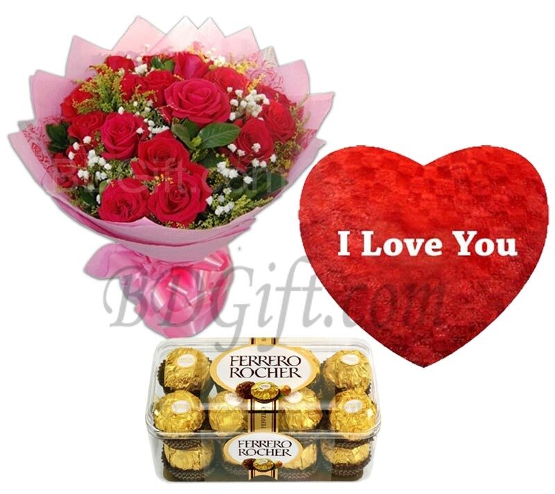 Pillow W/ Chocolate & Red roses