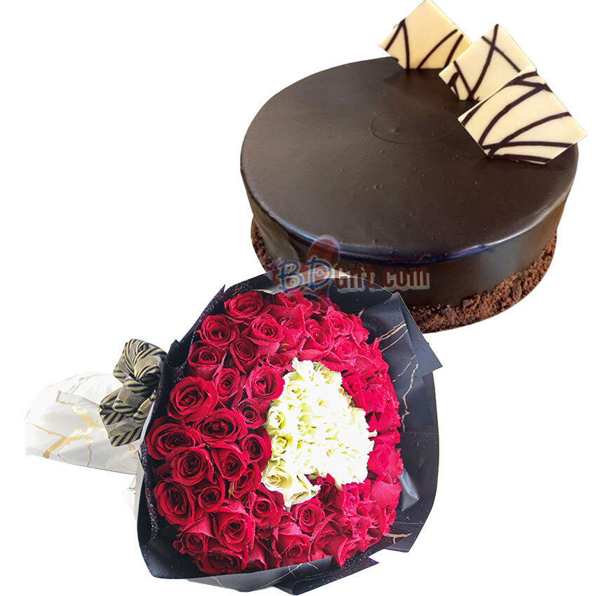 Red & White Roses with Chocolate Cake
