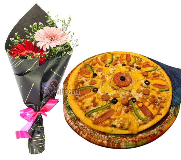 Pizza & Gerbera Bouquet Combo