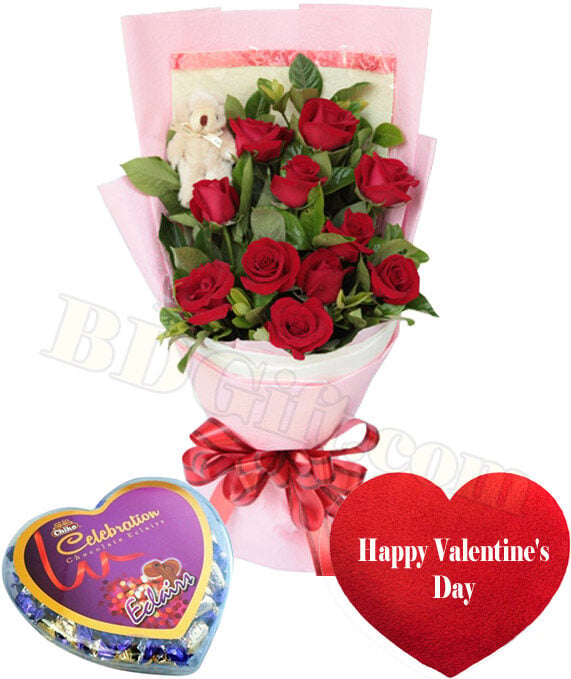 (27) Flower bouquet with heart shape pillow and chocolate