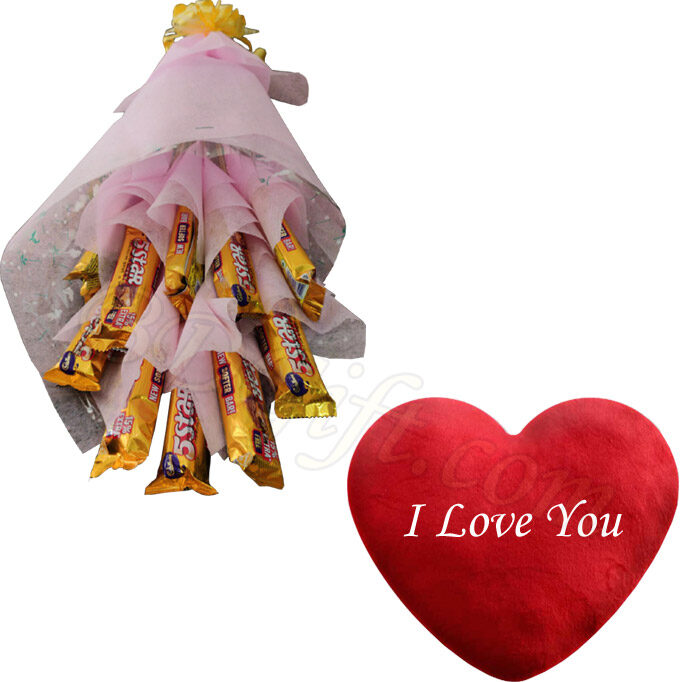 Chocolate bouquet and heart shape pillow