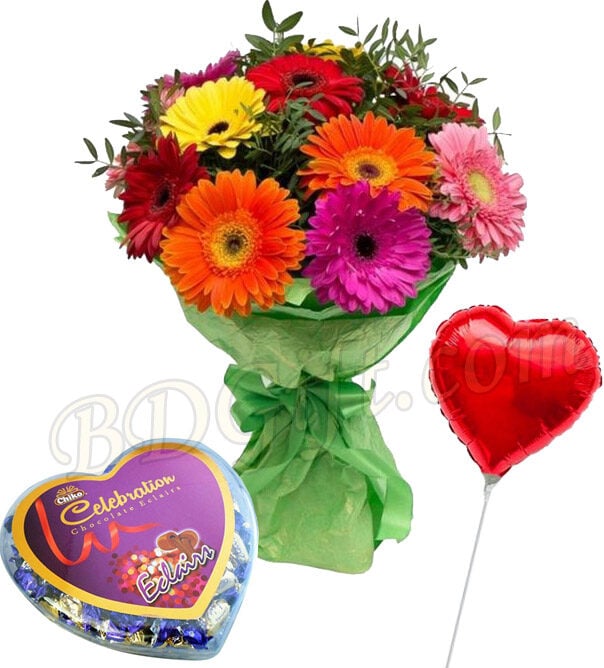 Mixed gerbera with balloon and chocolate