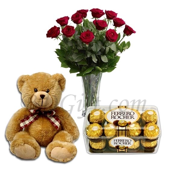 Roses in vase W/ Ferrero Rocher Chocolate box & Bear
