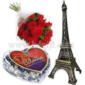 Romantic love symbol Eiffel Tower W/Red Roses & chocolate