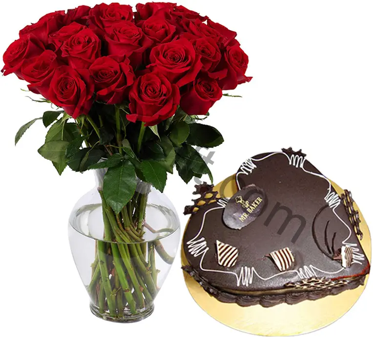 Cake w/ 2 dozen Red Roses in a vase