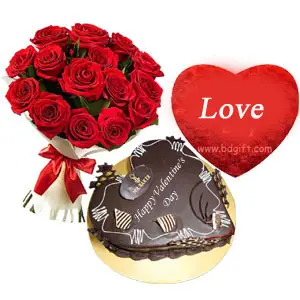 Red Roses W/ Cake & Valentine Heart shaped pillow