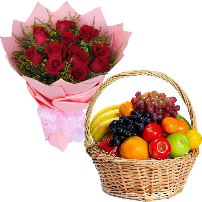 1 Dozen Red Roses w/ Mixed Fruits