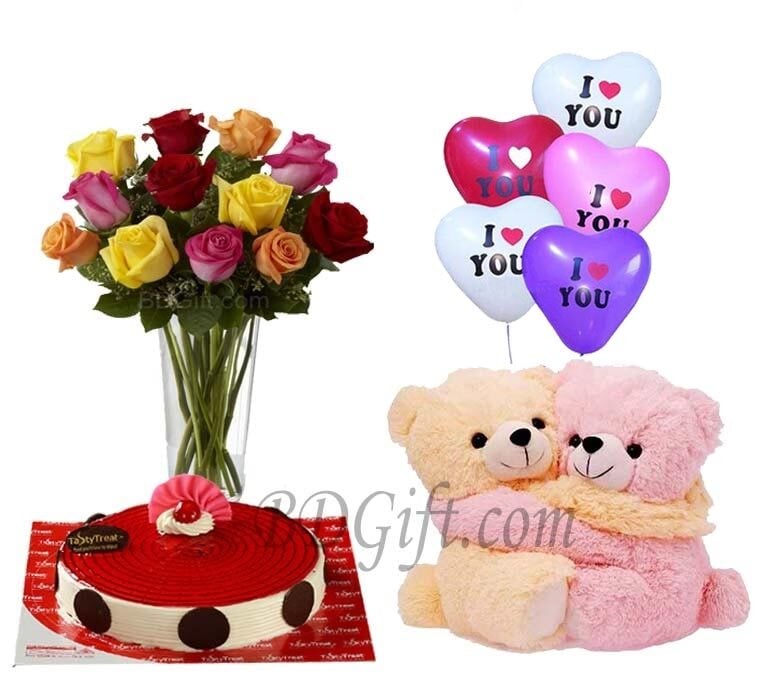 Cake W/ balloons, teddy and roses