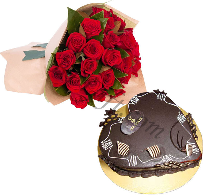 Red roses with heart shape chocolate cake