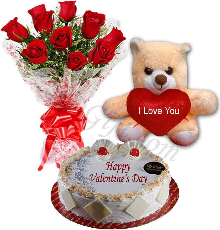 Cake w/ Roses & Teddy Bear with text I love you