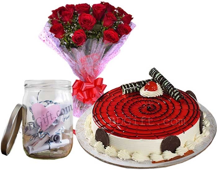 Cake W/ Roses & Message Jar
