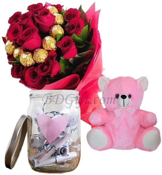 Bouquet W/ Teddy Bear & message jar