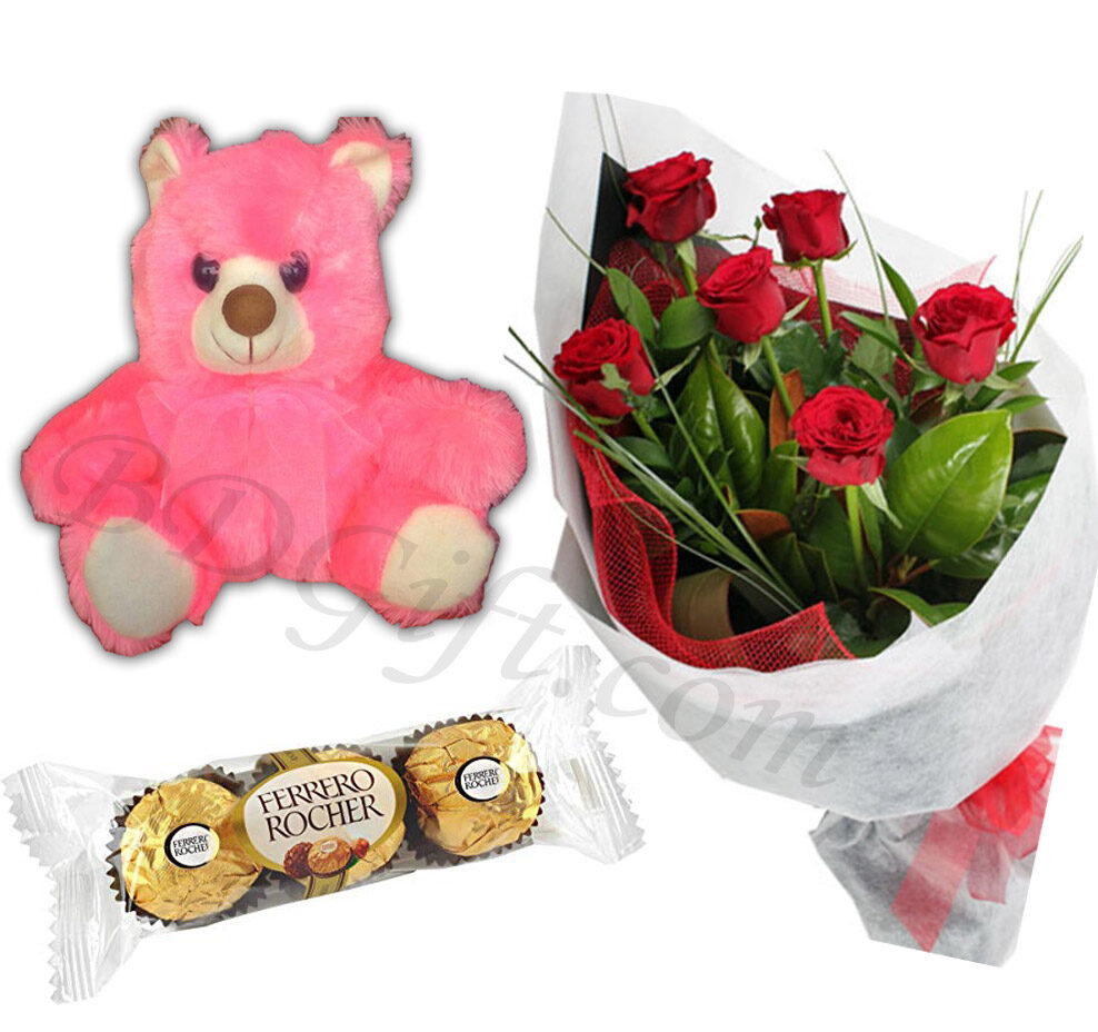Red roses w/ teddy bear & chocolates
