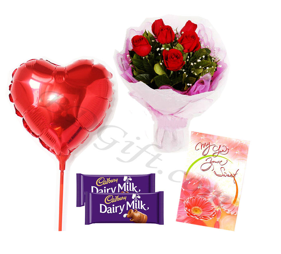 Red roses w/ balloon, card & chocolate