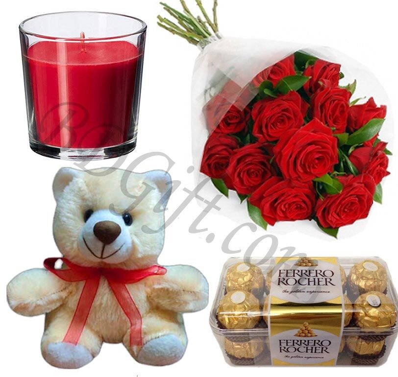 Red roses W/ chocolates, teddy bear & candle