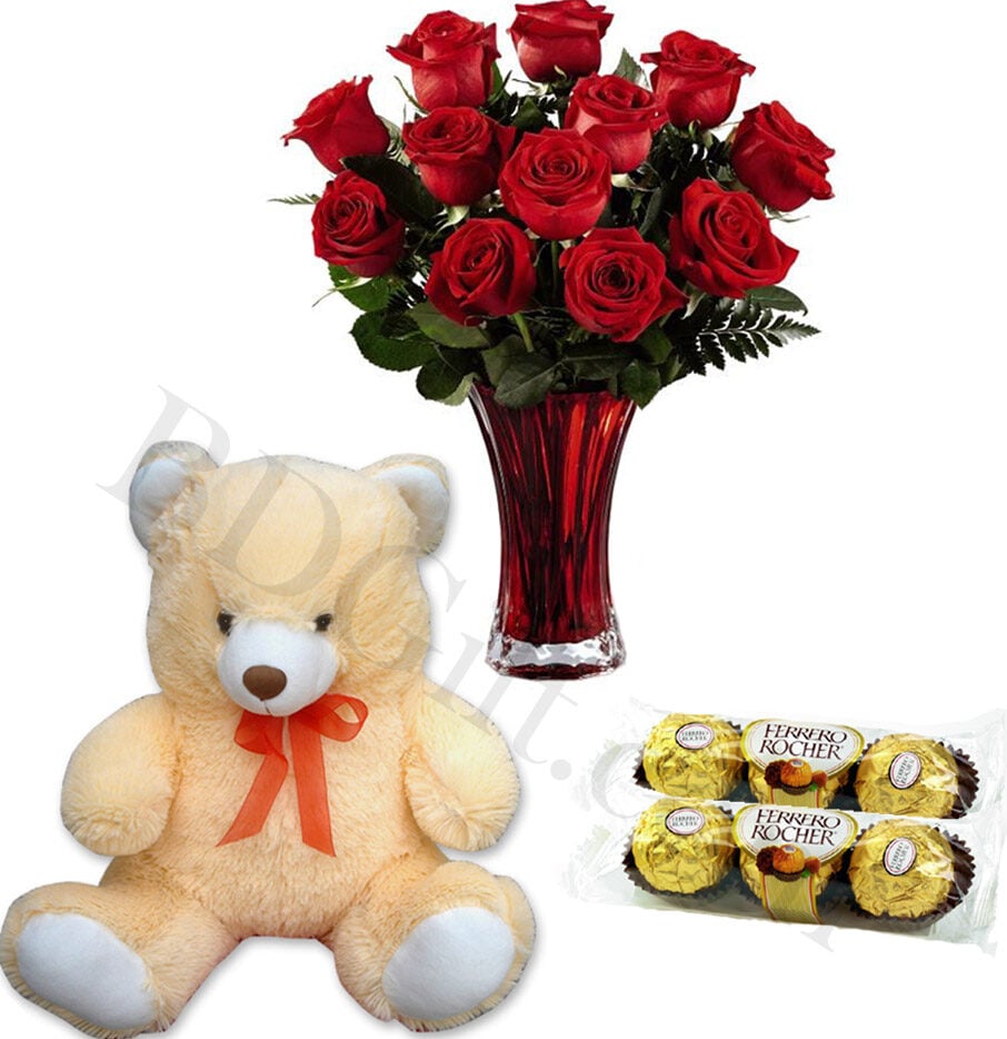 Teddy bear W/ red roses & chocolates