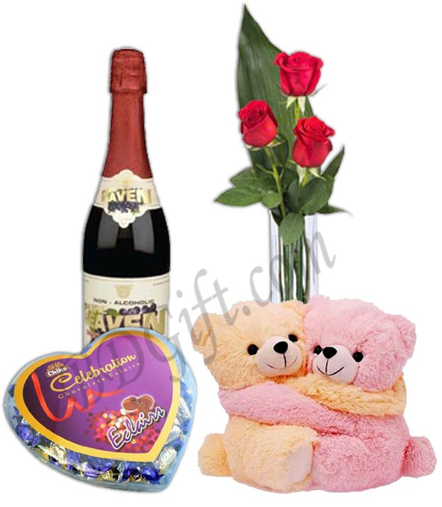 Red Roses W/ Twin bear, Chocolate & Sparkling Juice