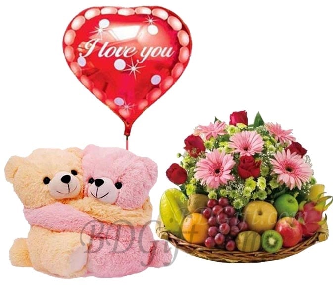 Fruit Basket W/ Flowers, Twin bear & Love Balloon