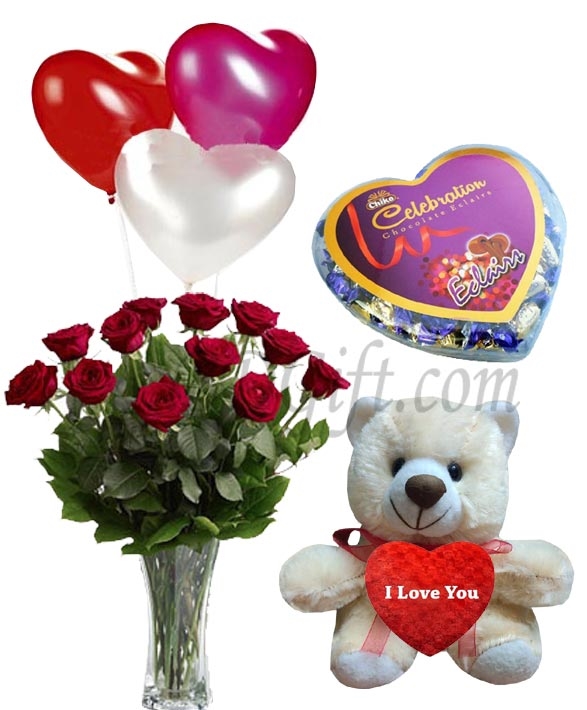 Bear W/ Roses in a vase, Chocolate & Balloons
