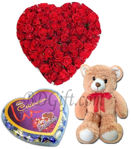 (46) Heart Shaped Roses W/101 Roses, Chocolate & Bear
