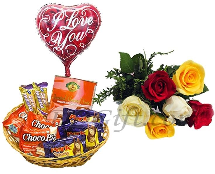 Chocolates basket W/ Mixed Roses & Love Balloon