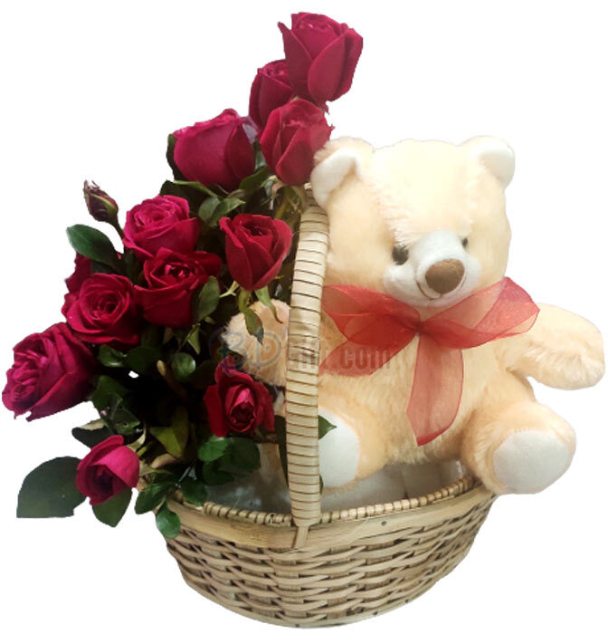 12pcs red roses W/ 6 inch teddy bear