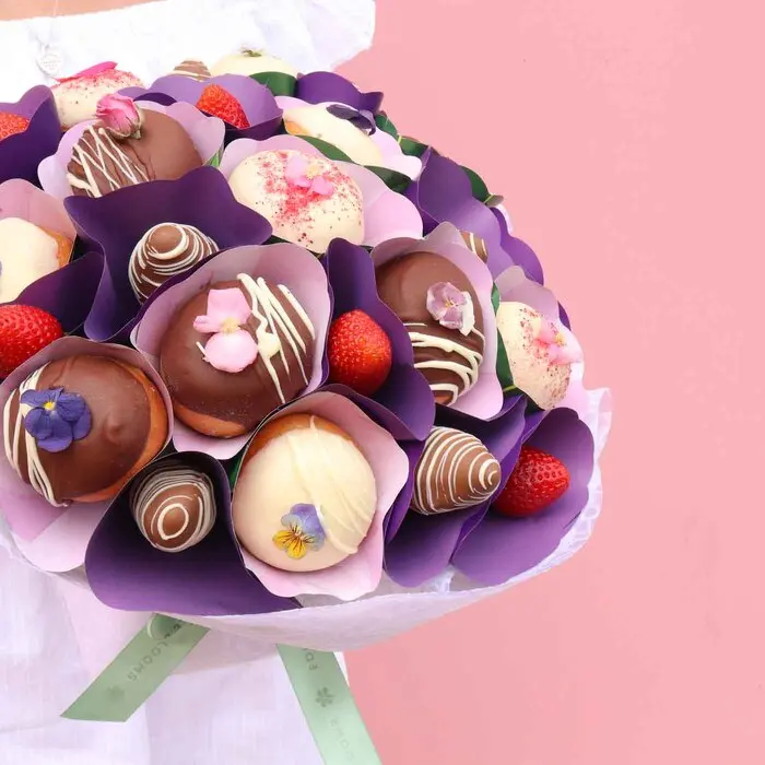 Flower Bouquet with Donuts and Strawberries