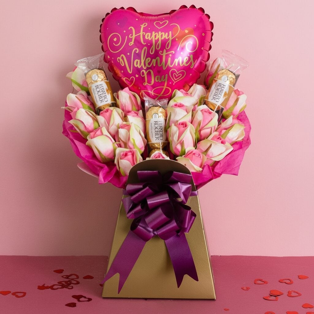 Pink Roses and Ferrero Rocher Valentines Day Chocolate Bouquet