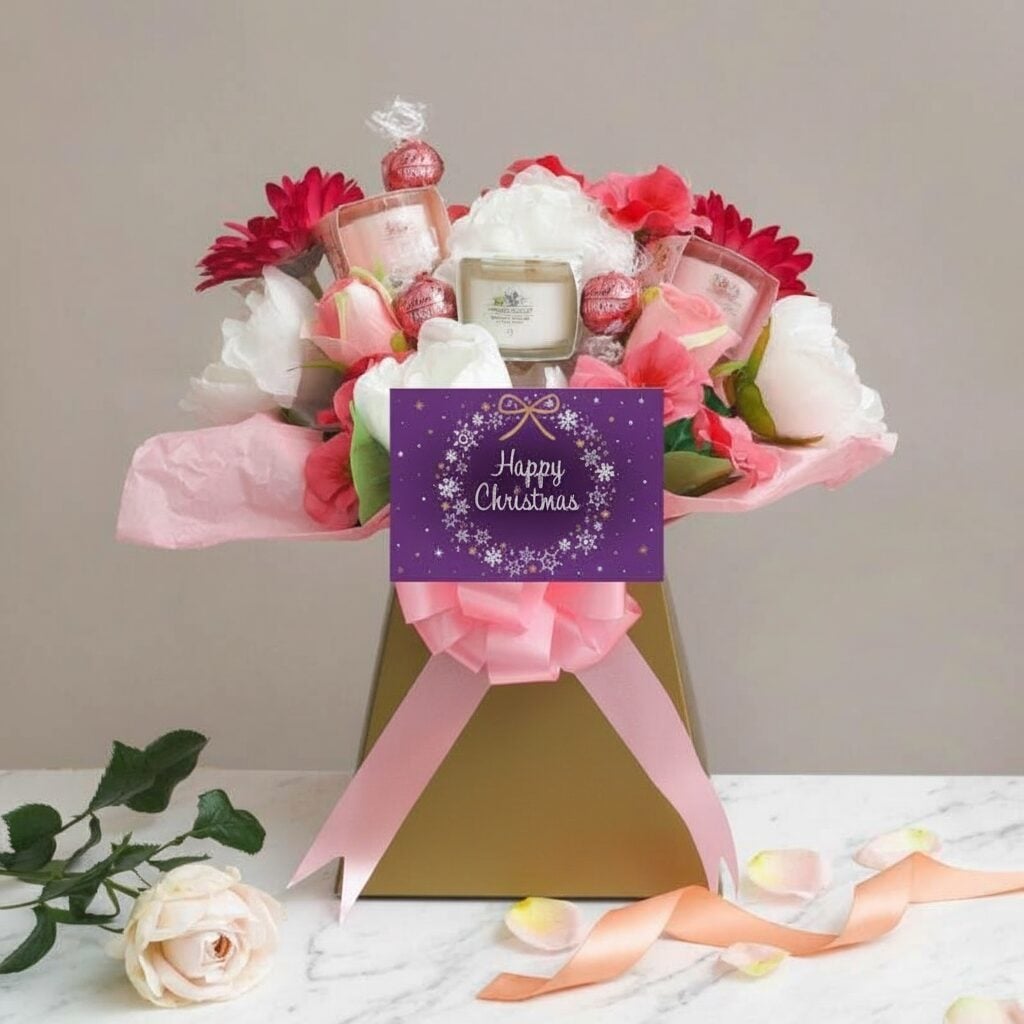 Happy Christmas Pretty in Pink Chocolate and Yankee Candle Bouquet