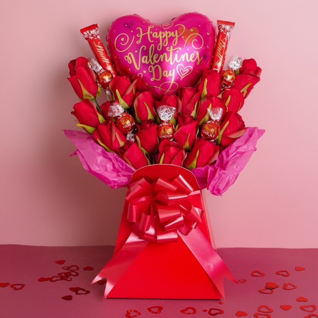 Red Roses and Lindor Valentines Day Chocolate Bouquet