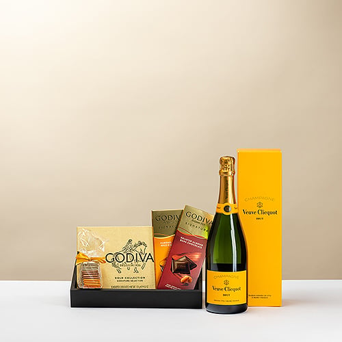 Godiva chocolate gift tray with Veuve Clicquot