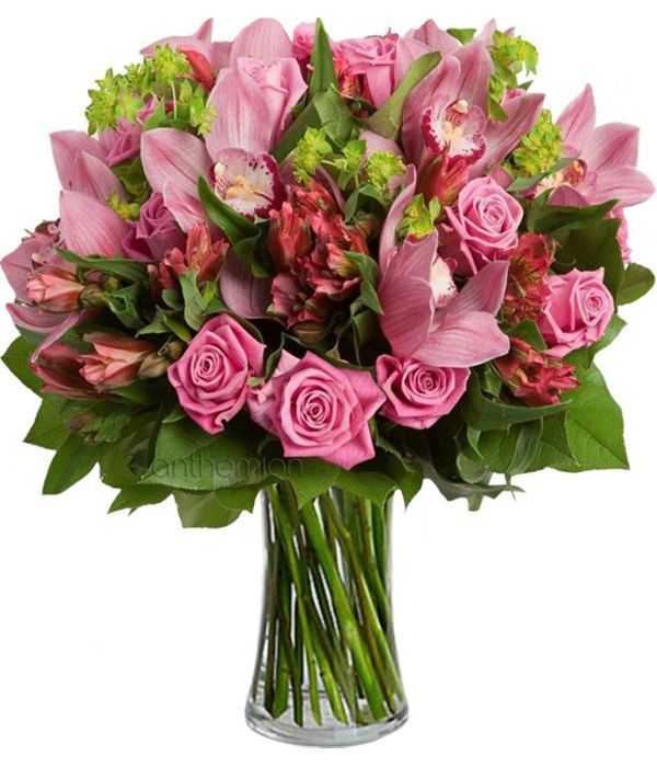 Danae with pink orchids and roses