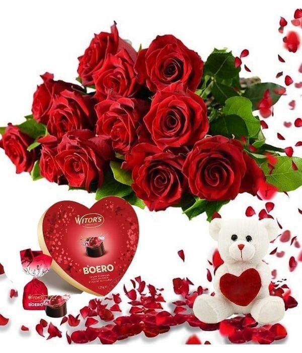 Love Gift 12 Roses,Chocolates,Teddy Bear