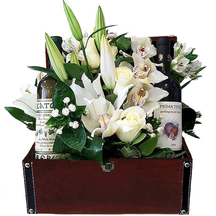 White Flowers And Wine In Leather Chest