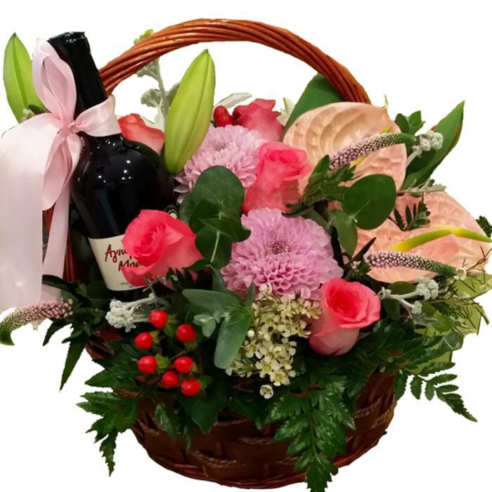 Beautiful Flowers In Basket With Wine (medium)