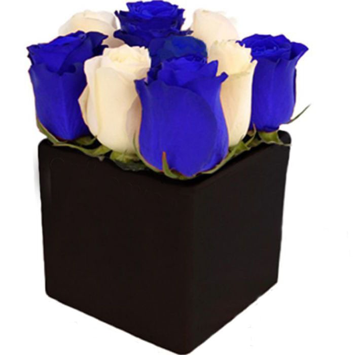 Blue And White Roses In Ceramic Cube (small)