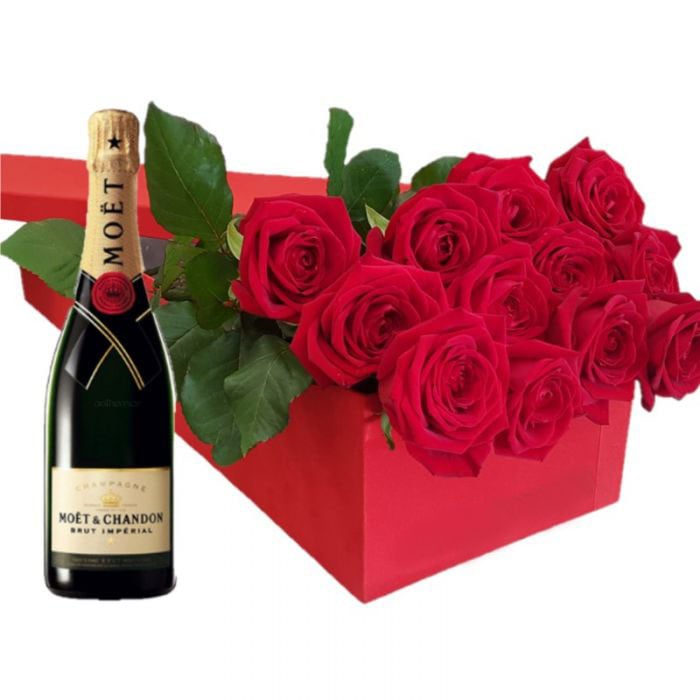 Gift Box With Red Roses And Moet 700Ml