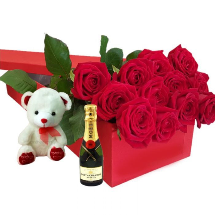 Red Roses In Gift Box With Teddy Bear And Moet