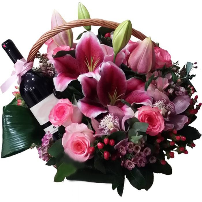 Basket With Fuchsia Flowers And Wine (medium)