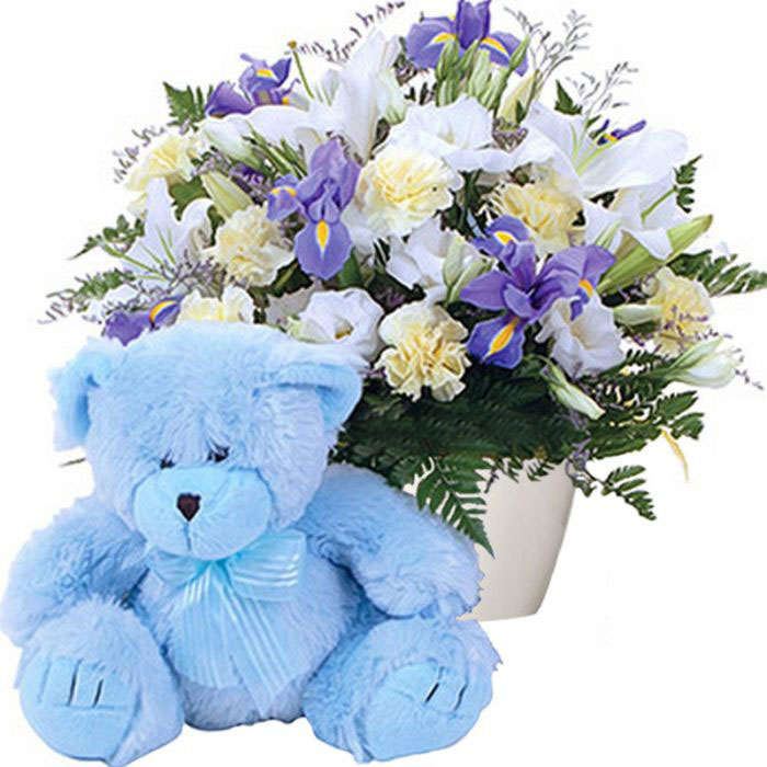 Ceramic Pot With Flowers And Teddy For Boy (small)