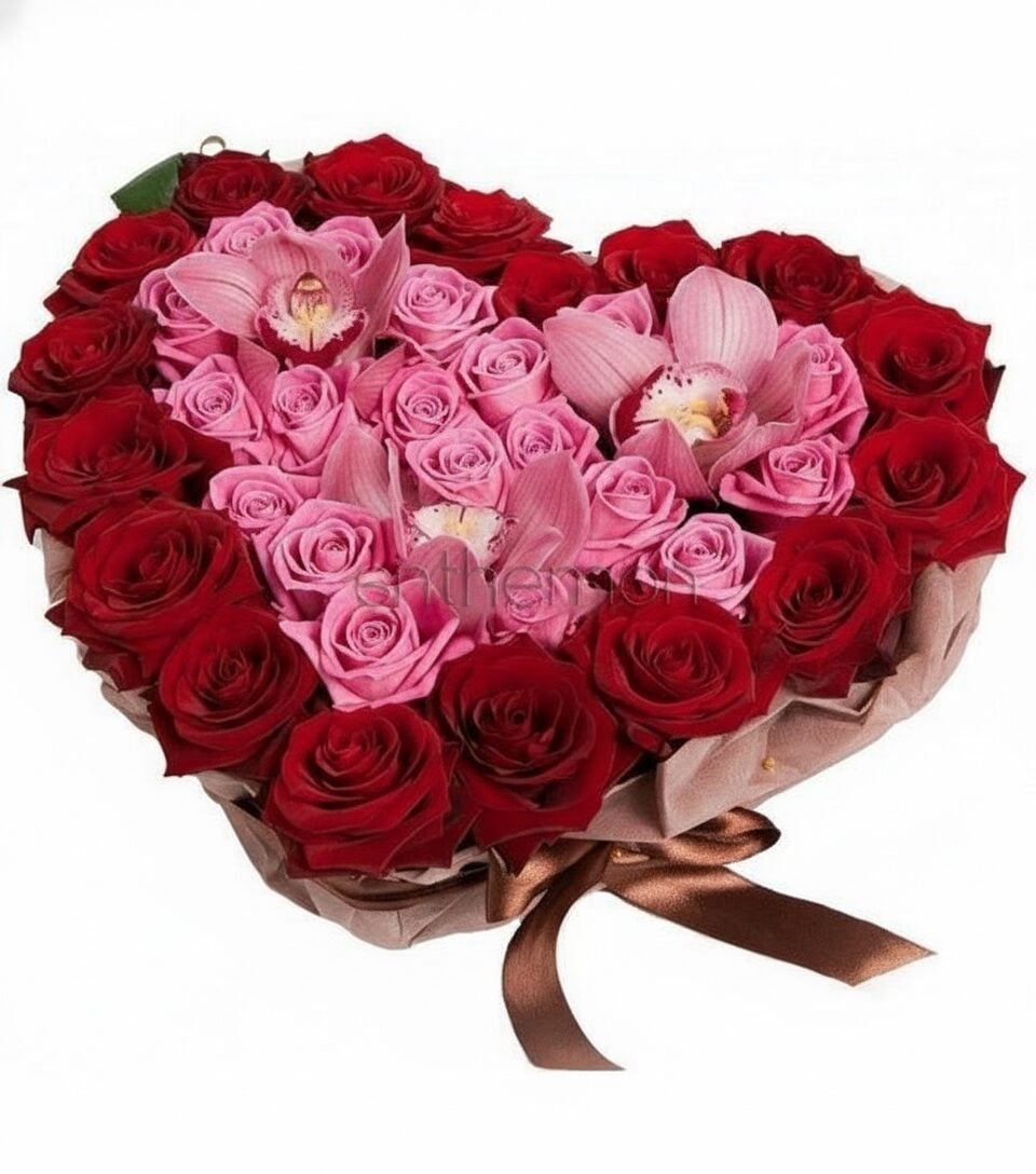Red And Pink Heart With Roses And Orchids