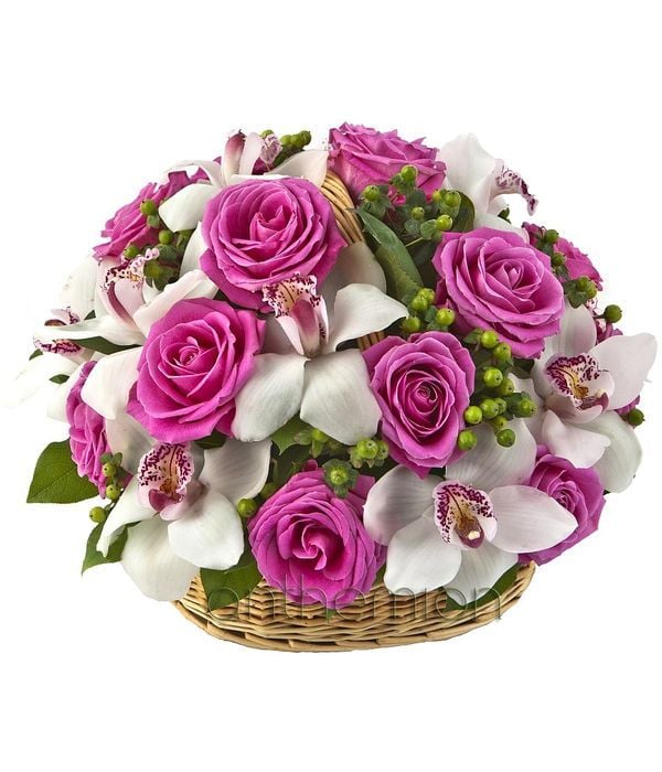Fuchsia Roses And White Orchids In Basket