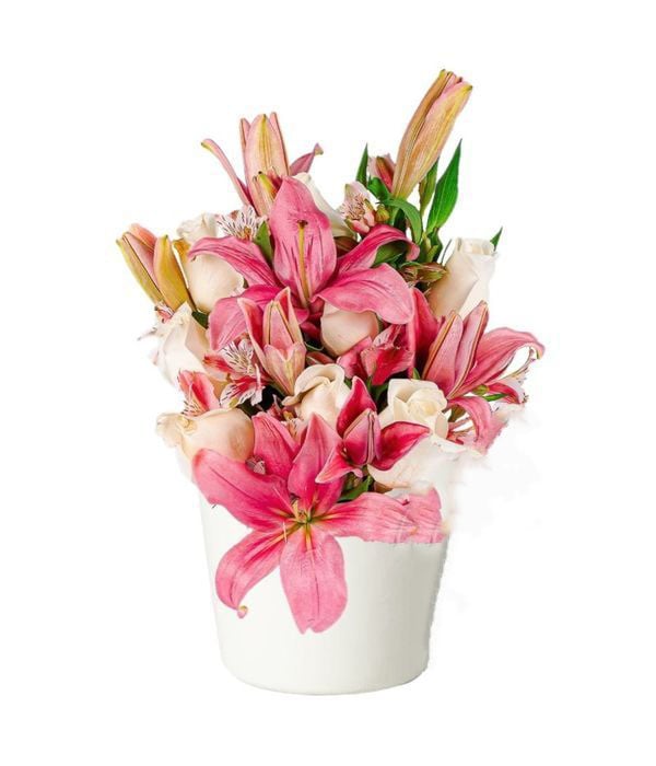 Pink flower arrangement in pot (Basic)